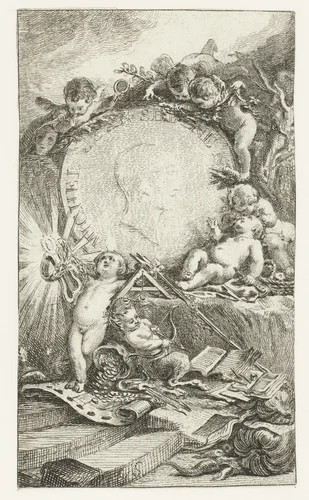Medaille met Michel Jean Sédaine omringd door putti by Gabriel Jacques de Saint-Aubin, print, 1757