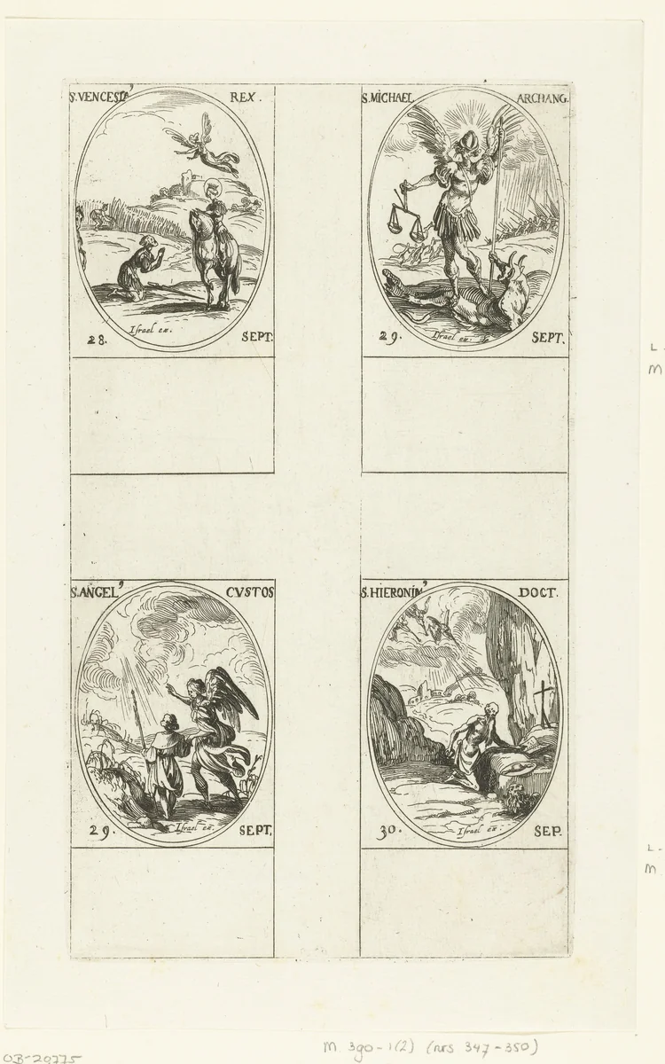 Heilige Wenceslaus I van Bohemen, Aartsengel Michaël, Beschermengel, Heilige Hiëronymus van Bethlehem (28-30 september) by Jacques Callot, print, 1632-1636