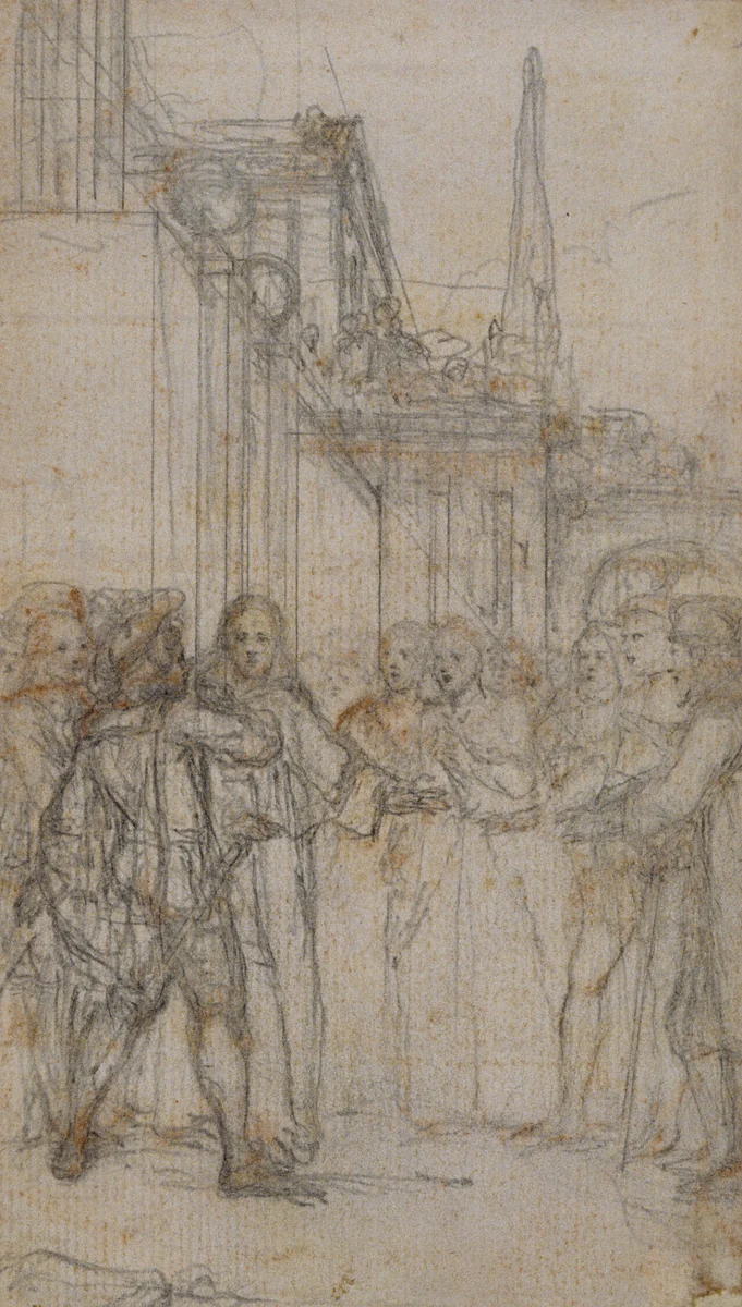 Literary Illustration: Man with Sword Confronting Group of Figures Before Building by Hubert François Gravelot, drawing, 1719-1773