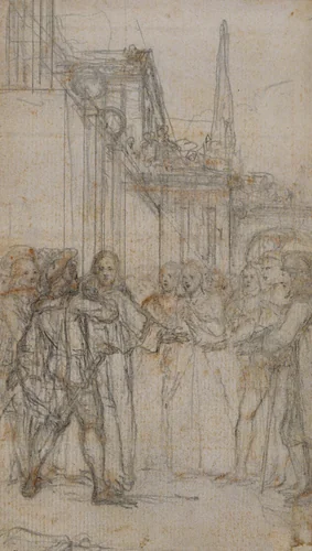 Literary Illustration: Man with Sword Confronting Group of Figures Before Building by Hubert François Gravelot, drawing, 1719-1773