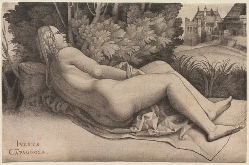 Venus Reclining in a Landscape by Giulio Campagnola, print, 1508-1509