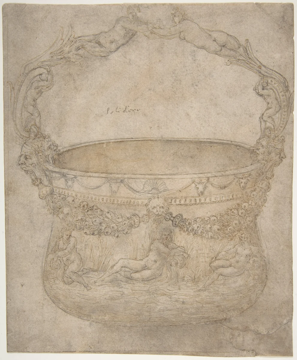 Design for a Bucket-Like Vessel with a Handle of Interlaced Figures, on a Body Adorned with Bucrania, Garlands, and Three River Gods by Girolamo Genga, drawing, 1540-1550