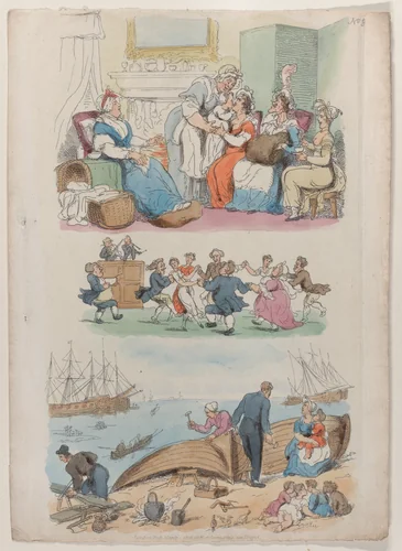 Plate 4: A Lying-in Visit, A Round Dance, from "World in Miniature" by Thomas Rowlandson, print, 1816