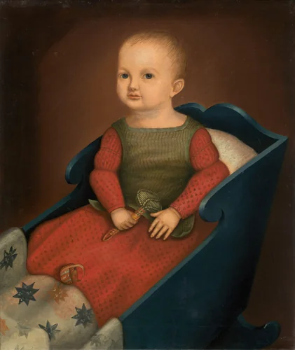 Baby in Blue Cradle by American 19th Century, painting, 1840