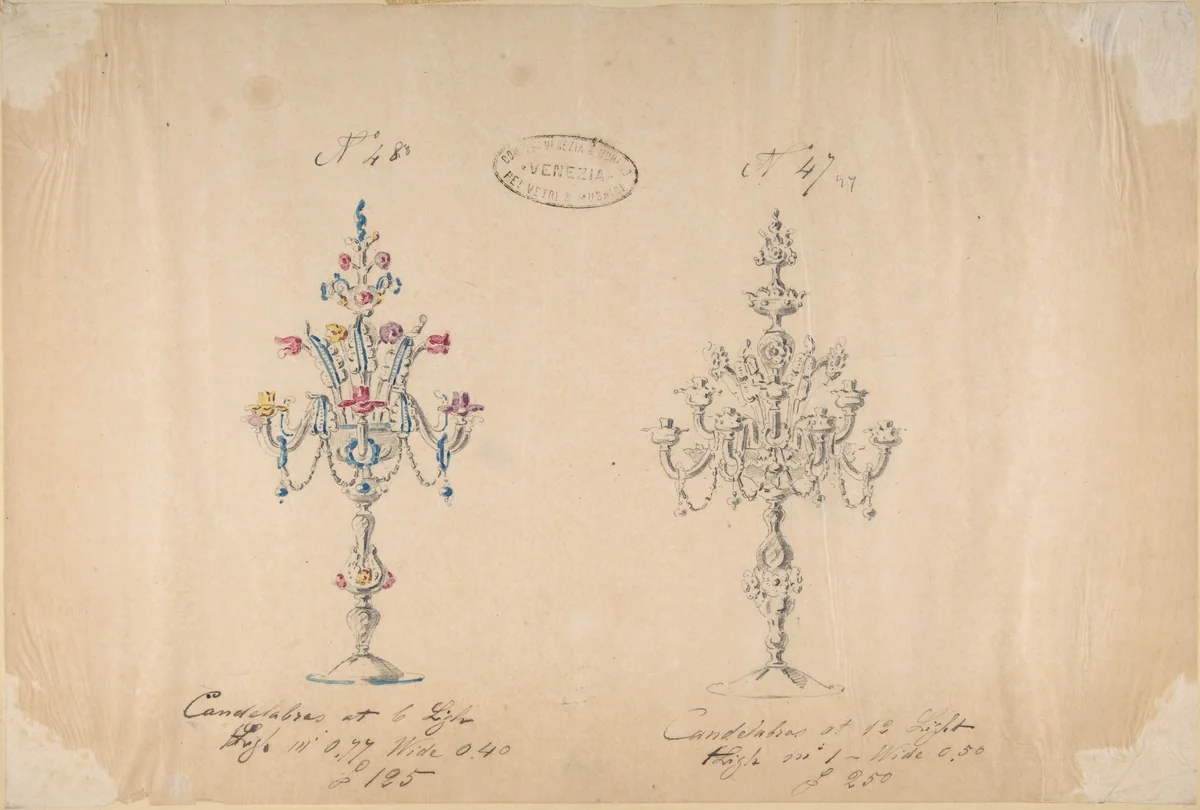 One of Twenty-Three Sheets of Drawings of Glassware (Mirrors, Chandeliers, Goblets, etc.) by Compagnia di Venezia e Murano, drawing, 1850-1880