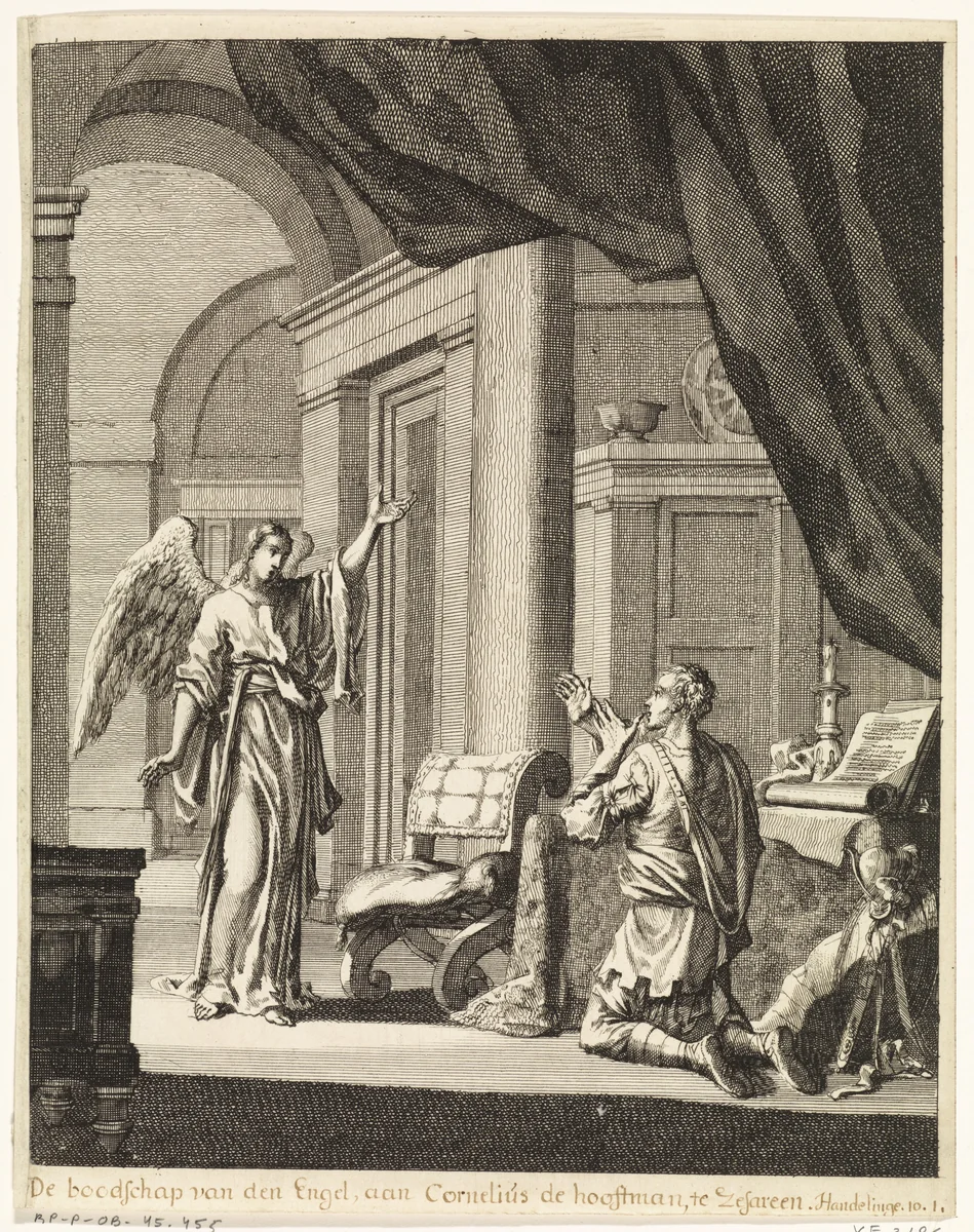 Cornelius knielt voor de tot hem gezonden engel by Jan Luyken, print, 1708