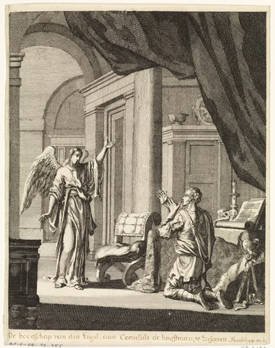 Cornelius knielt voor de tot hem gezonden engel by Jan Luyken, print, 1708