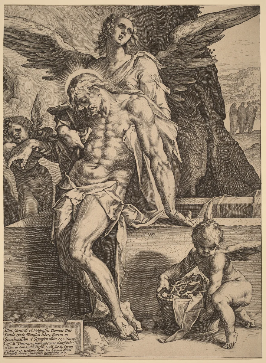 The Body of Christ Supported by Angels by Hendrick Goltzius; Bartholomaeus Spranger, print, 1587
