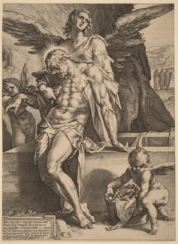 The Body of Christ Supported by Angels by Hendrick Goltzius; Bartholomaeus Spranger, print, 1587