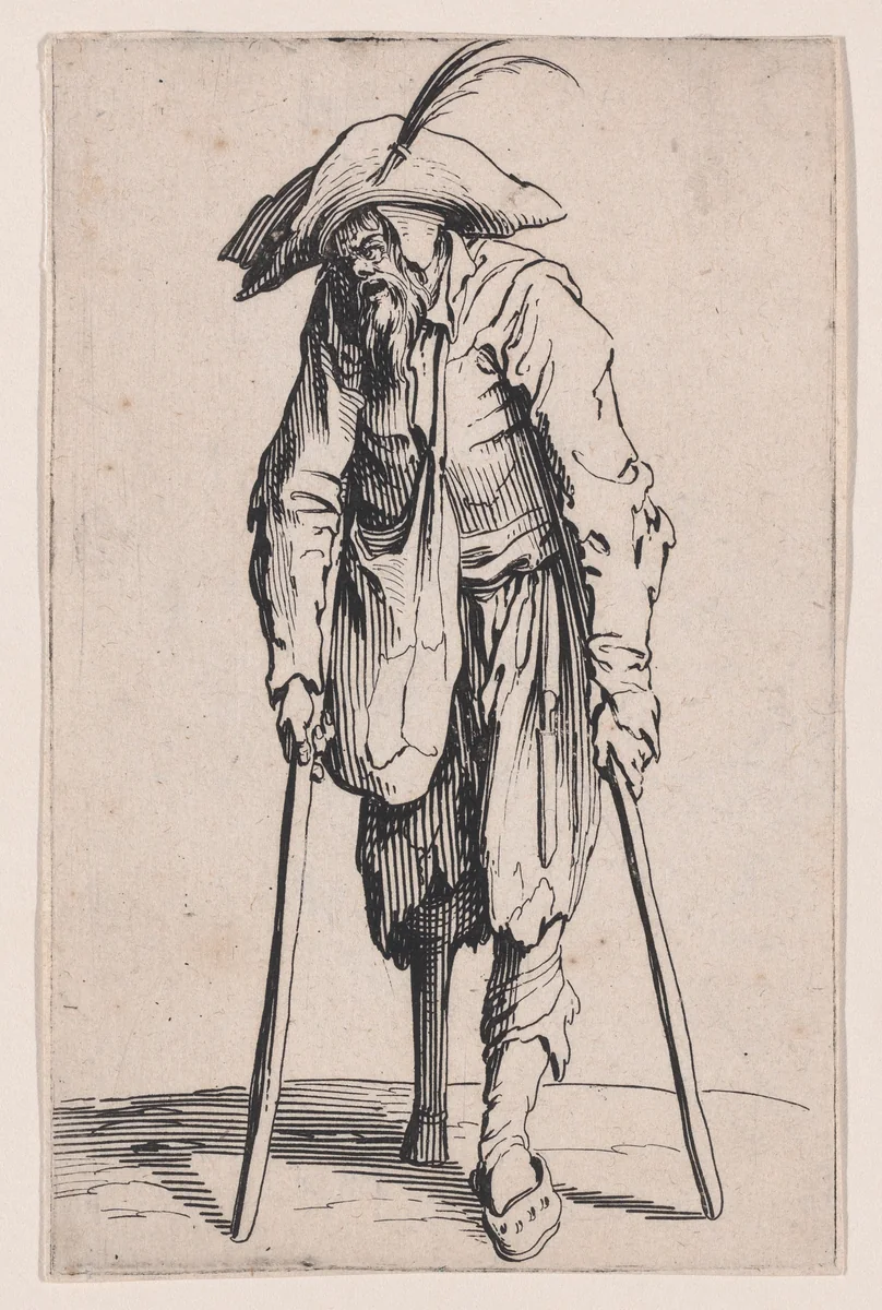 Le Mendiant a la Jambe de Bois (The Beggar with the Wooden Leg), from "Les Gueux suite appelée aussi Les Mendiants, Les Baroni, ou Les Barons" (The Beggars, also called the Barons) by Jacques Callot, print, 1618-1628