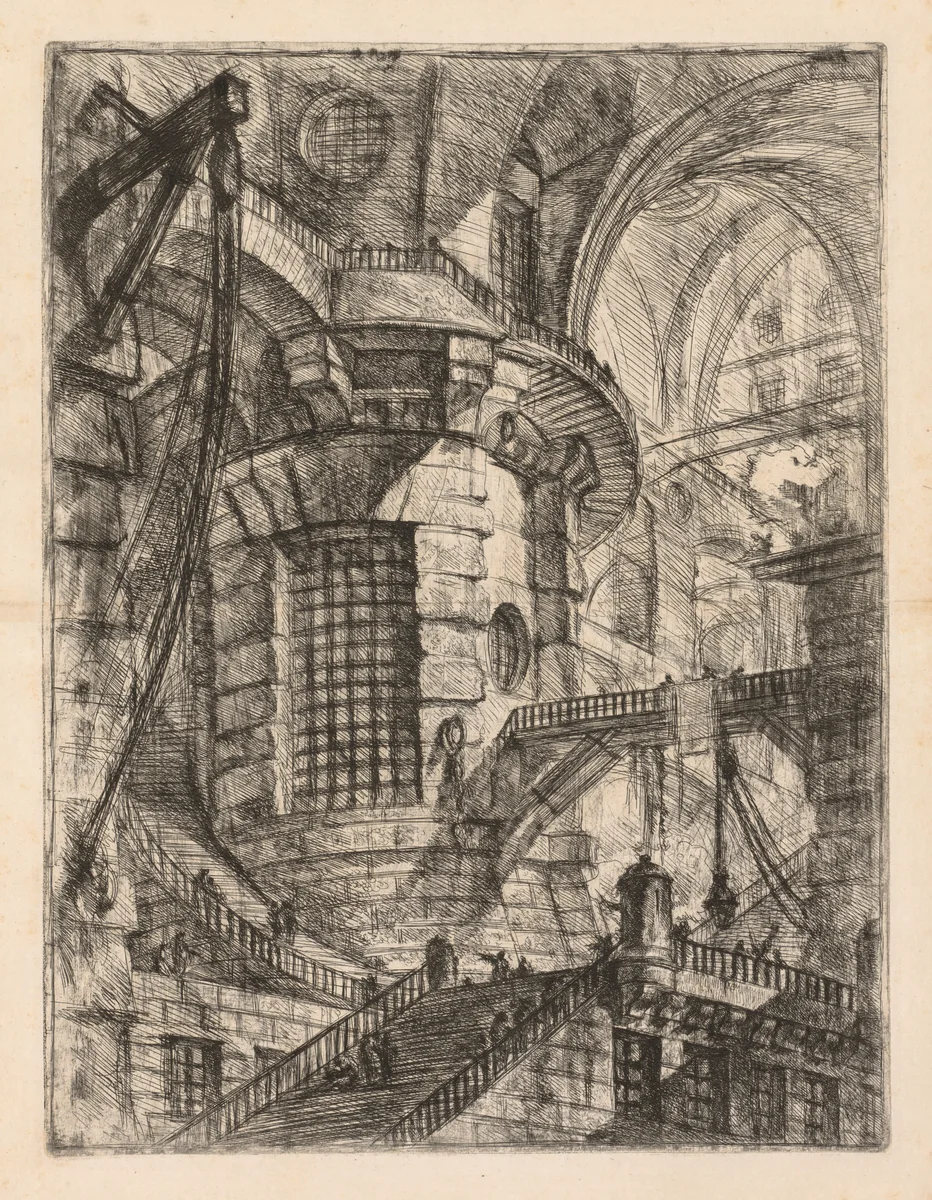 The Prisons: A Vaulted Building with a Central Column with Barred Window by Giovanni Battista Piranesi, print, 1745-1750