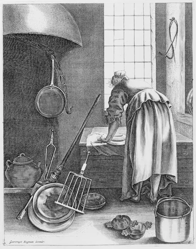 A Woman Doing Housework, Plate 5 from "Five Feminine Occupations" by Geertruydt Roghman, print, 1643-1655