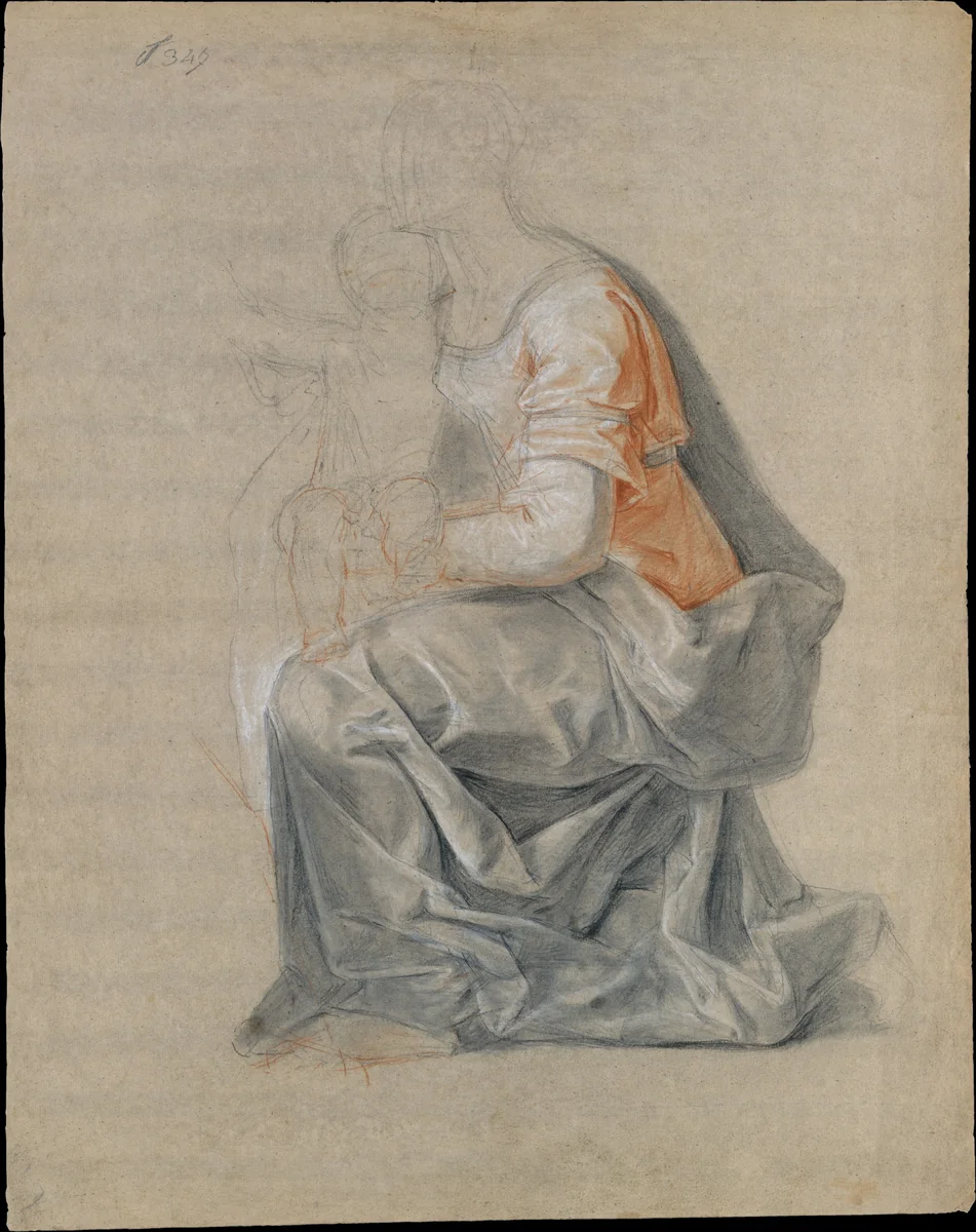 Kneeling Female Figure Holding a Child by Louis Galloche, drawing, 1742-1752