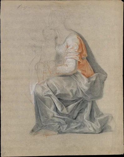 Kneeling Female Figure Holding a Child by Louis Galloche, drawing, 1742-1752