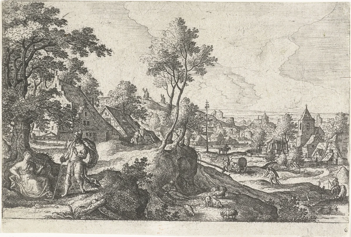 Landschap met reiziger en rustende vrouw by anonymous, print, 1550-1650