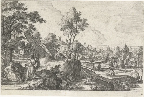 Landschap met reiziger en rustende vrouw by anonymous, print, 1550-1650