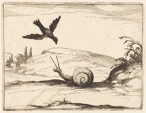 Crow and Snail by Jacques Callot, print, 1628