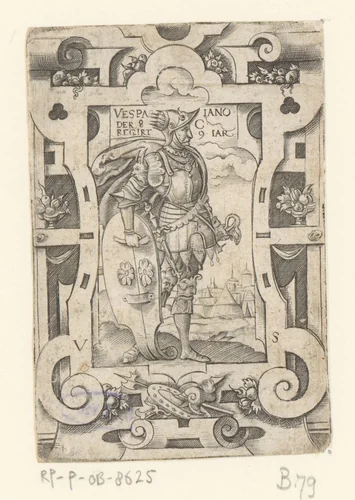 Keizer Vespasianus in rolwerk omlijsting by Unknown, print, 1524-1562