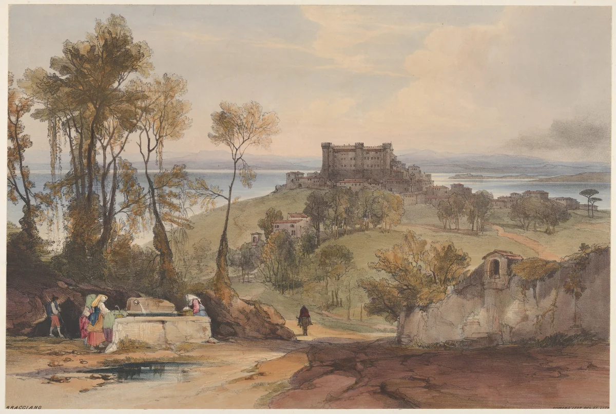 Bracciano, plate 2 from "Views of Rome and Its Environs" by Edward Lear, print, 1841