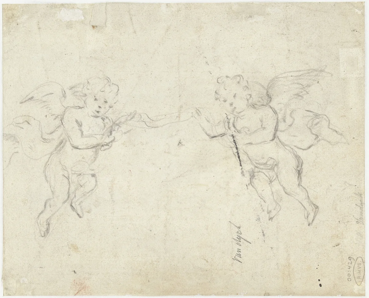 Twee putti met een banderol by anonymous, drawing, 1627-1691