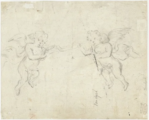 Twee putti met een banderol by anonymous, drawing, 1627-1691