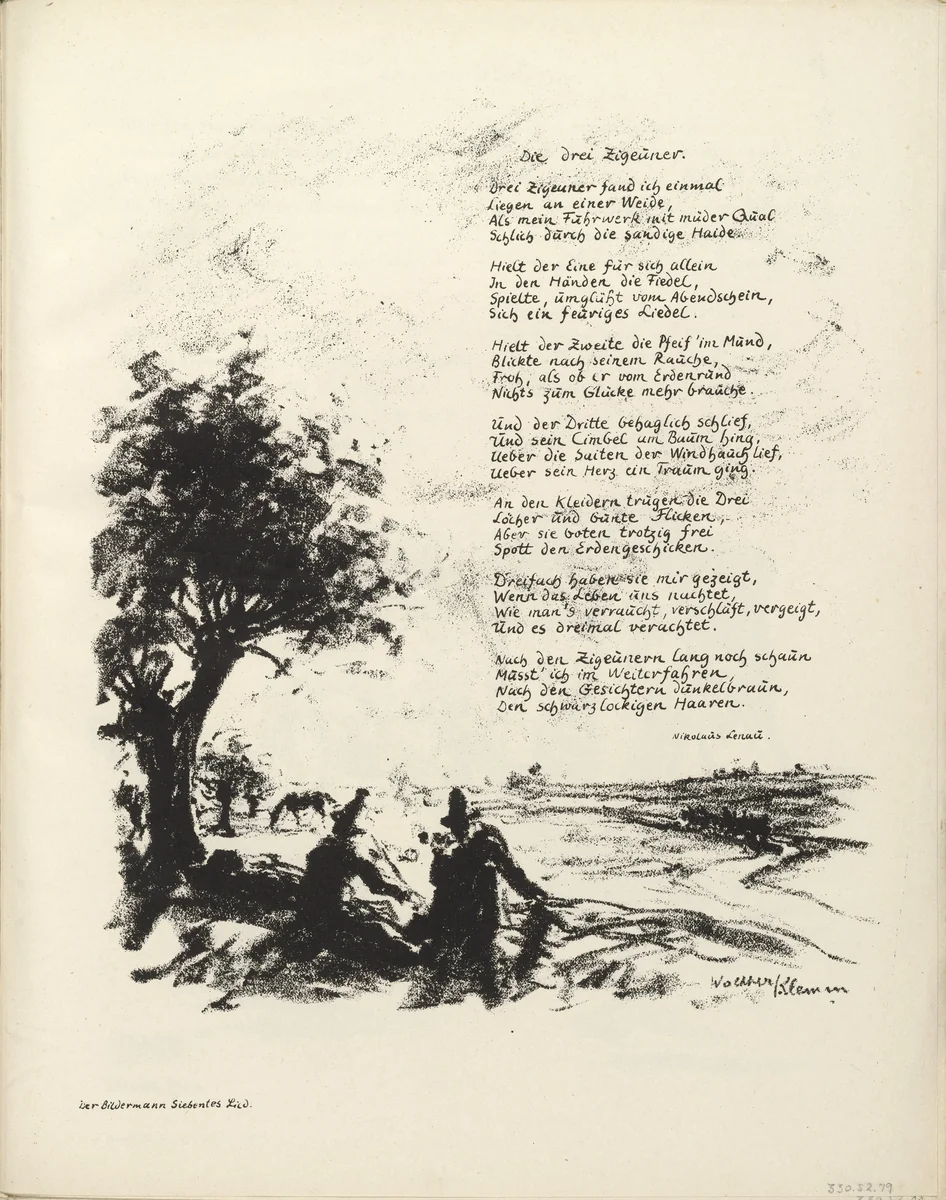 Untitled, illustration to Nikolaus Lenau's poem "The Three Gypsies" (Die drei Zigeuner) (border, 7th song, folio 45) from the periodical Der Bildermann, supplement to vol. 1, no. 13 (October 1916) by Walther Klemm, periodical, 1916