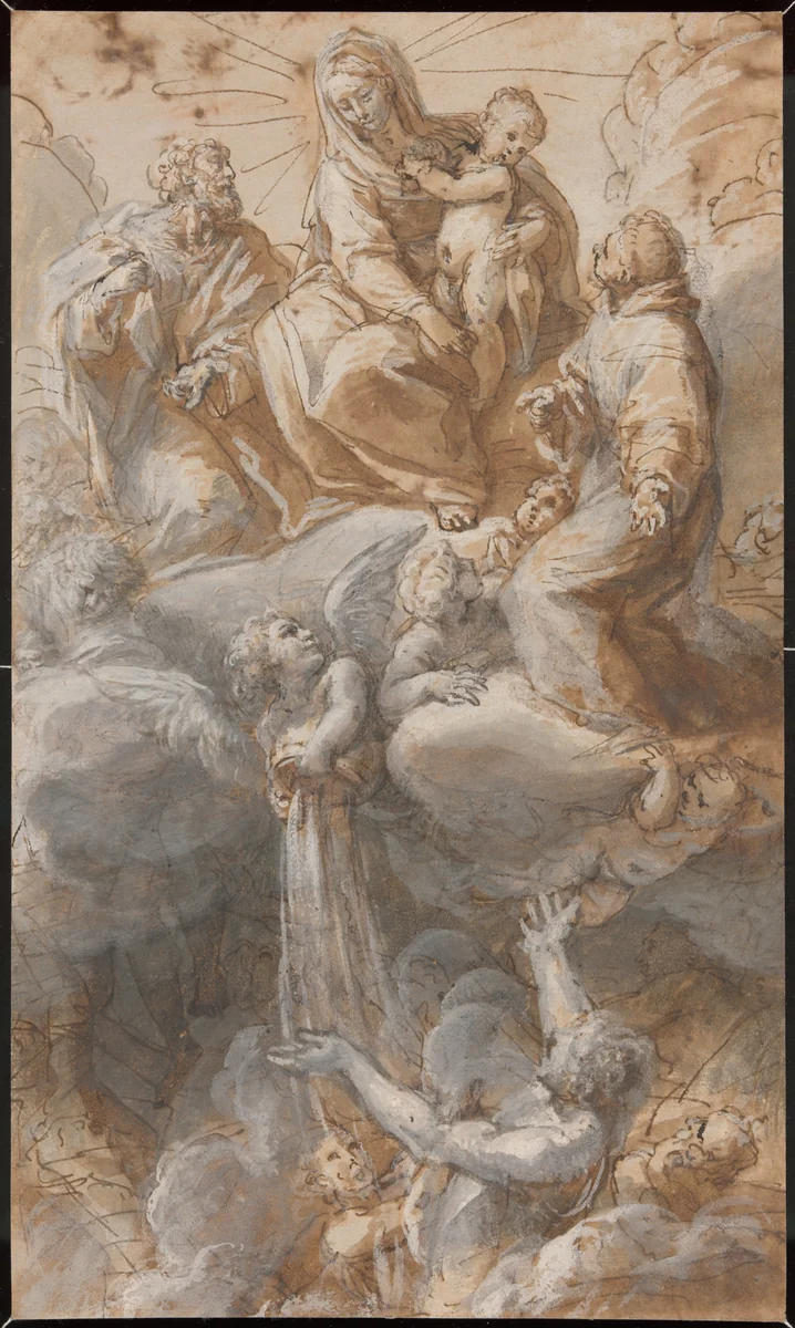 The Virgin and Saint Joseph with Saint Anthony of Padua Seated in the Heavens Interceding for the Souls in Purgatory, While an Angel Pours Fluid from a Vase onto the Crowd Below (recto and verso) by Pietro Antonio de' Pietri, drawing, 1690-1710