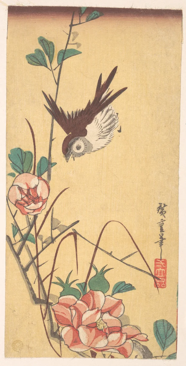 Roses and Sparrow by Utagawa Hiroshige (歌川広重), print, 1823-1843