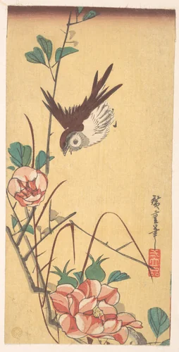 Roses and Sparrow by Utagawa Hiroshige (歌川広重), print, 1823-1843