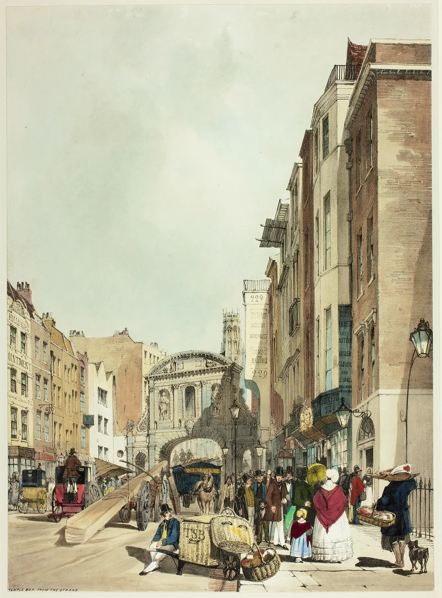 Temple Bar from The Strand, plate 22 from Original Views of London as It Is by Thomas Shotter Boys, print, 1842
