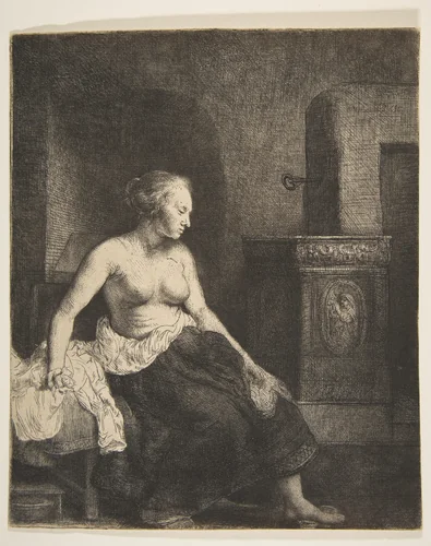 Woman Sitting Half-Dressed beside a Stove by Rembrandt van Rijn, print, 1658