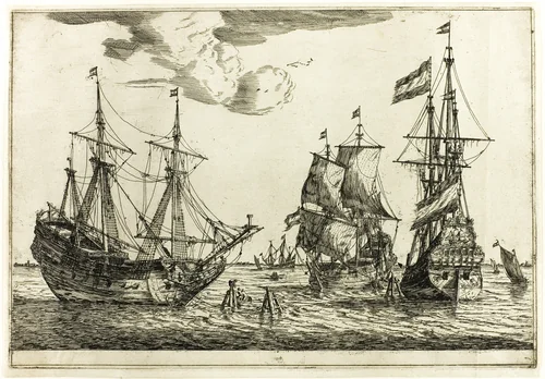 Three Moored Sailing Vessels, from Thirteen Naval Scenes by Reinier Nooms, print, 1650-1664