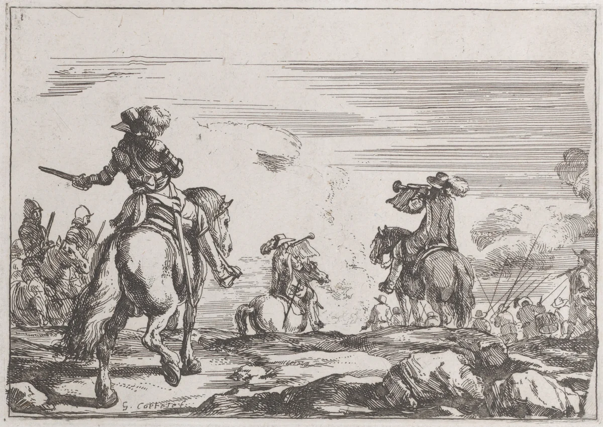 Plate 1: the departure of the armies by Jacques Courtois, print, 1635-1660