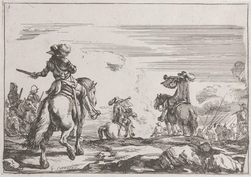 Plate 1: the departure of the armies by Jacques Courtois, print, 1635-1660