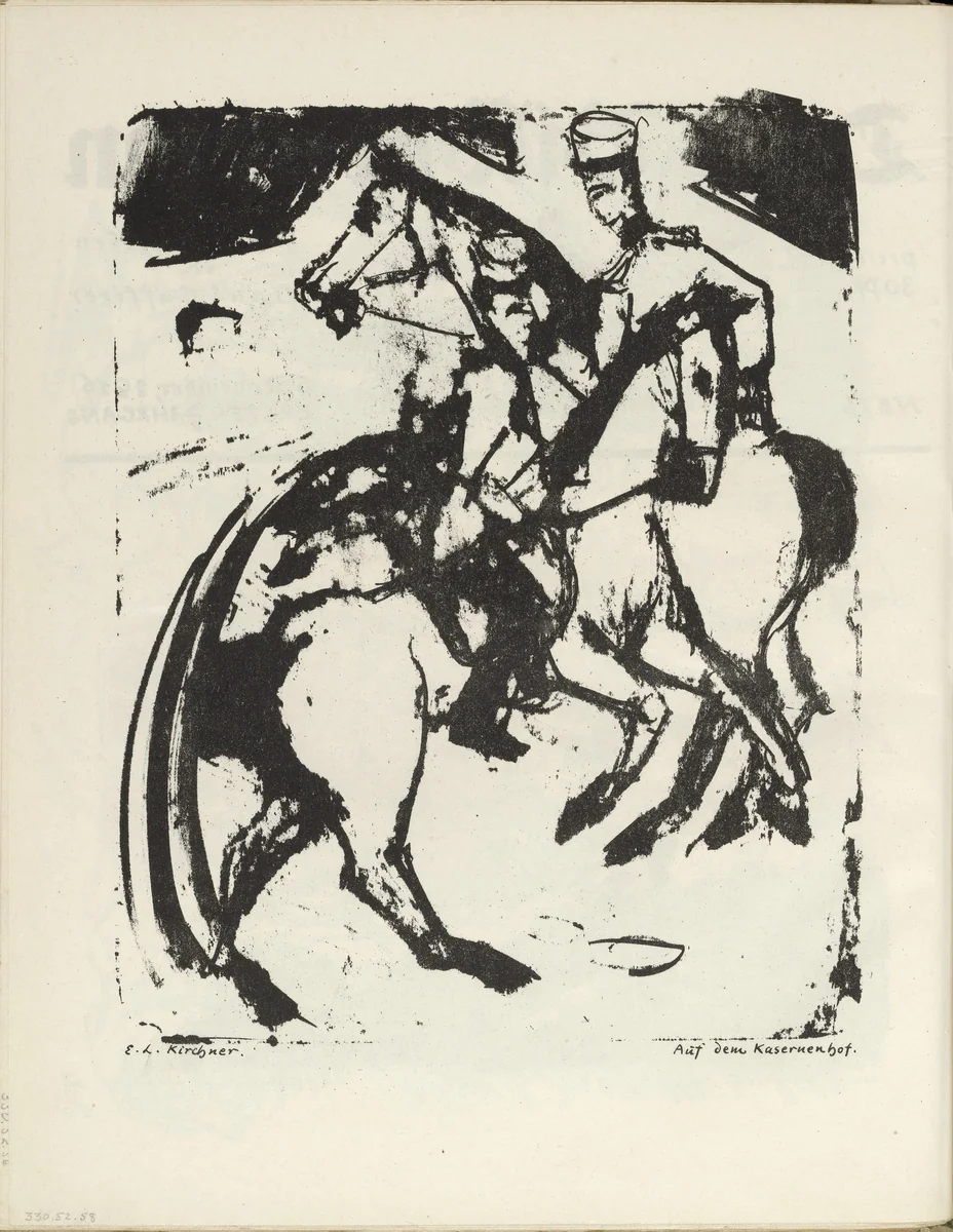 In the Barracks Yard (Auf dem Kasernenhof) (plate, folio 30 verso) from the periodical Der Bildermann, vol. 1, no. 15 (Nov 1916) by Ernst Ludwig Kirchner, periodical, 1916
