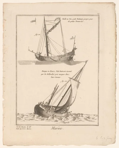 Twee marineschepen by Lachaussée, print, 1700-1750