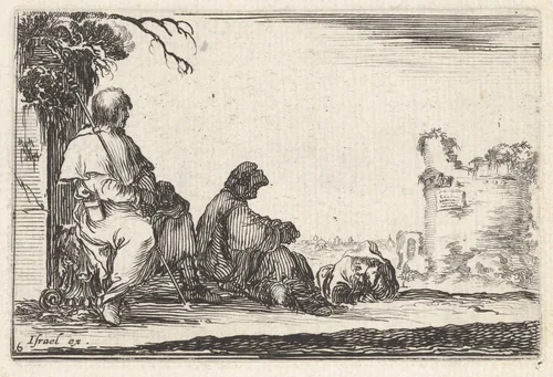 Plate 6: Two seated pilgrims and one laying down to left, a tower in ruins to right in the background, from "Caprice faict par de la Bella" by Stefano della Bella, print, 1640-1645