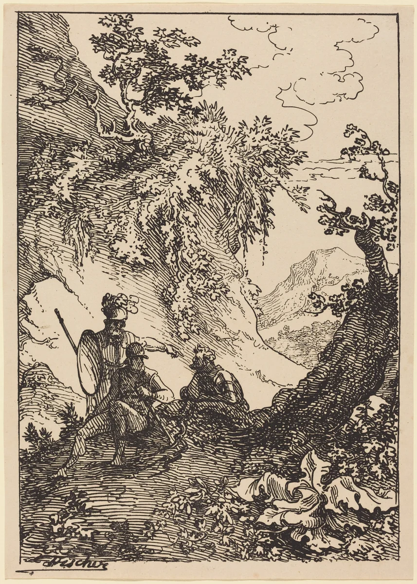 Landscape with Men in Armor, Tree Stump by Joseph Fischer, print, 1803