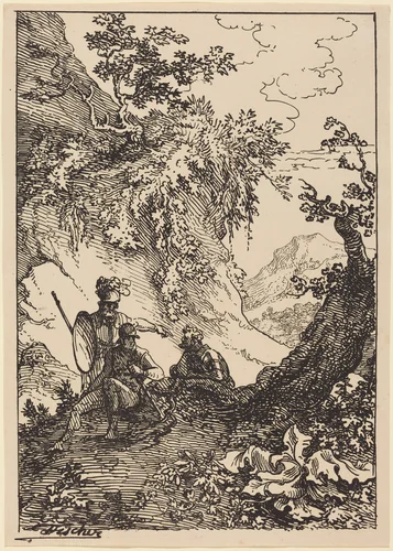 Landscape with Men in Armor, Tree Stump by Joseph Fischer, print, 1803