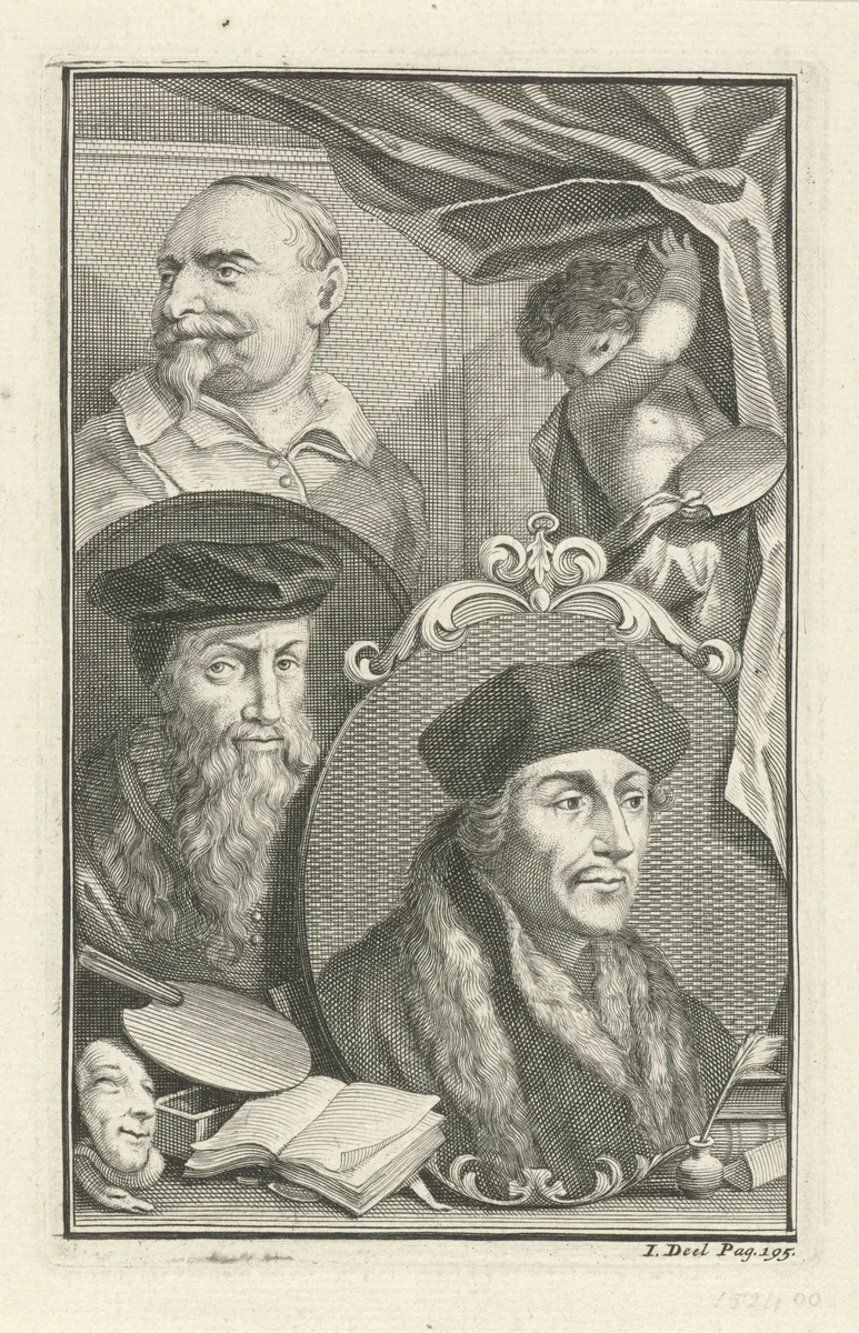 Portretten van Desiderius Erasmus, David Jorisz en Jan Snellinck by Jacob Houbraken, print, 1729
