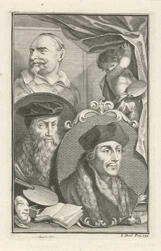 Portretten van Desiderius Erasmus, David Jorisz en Jan Snellinck by Jacob Houbraken, print, 1729