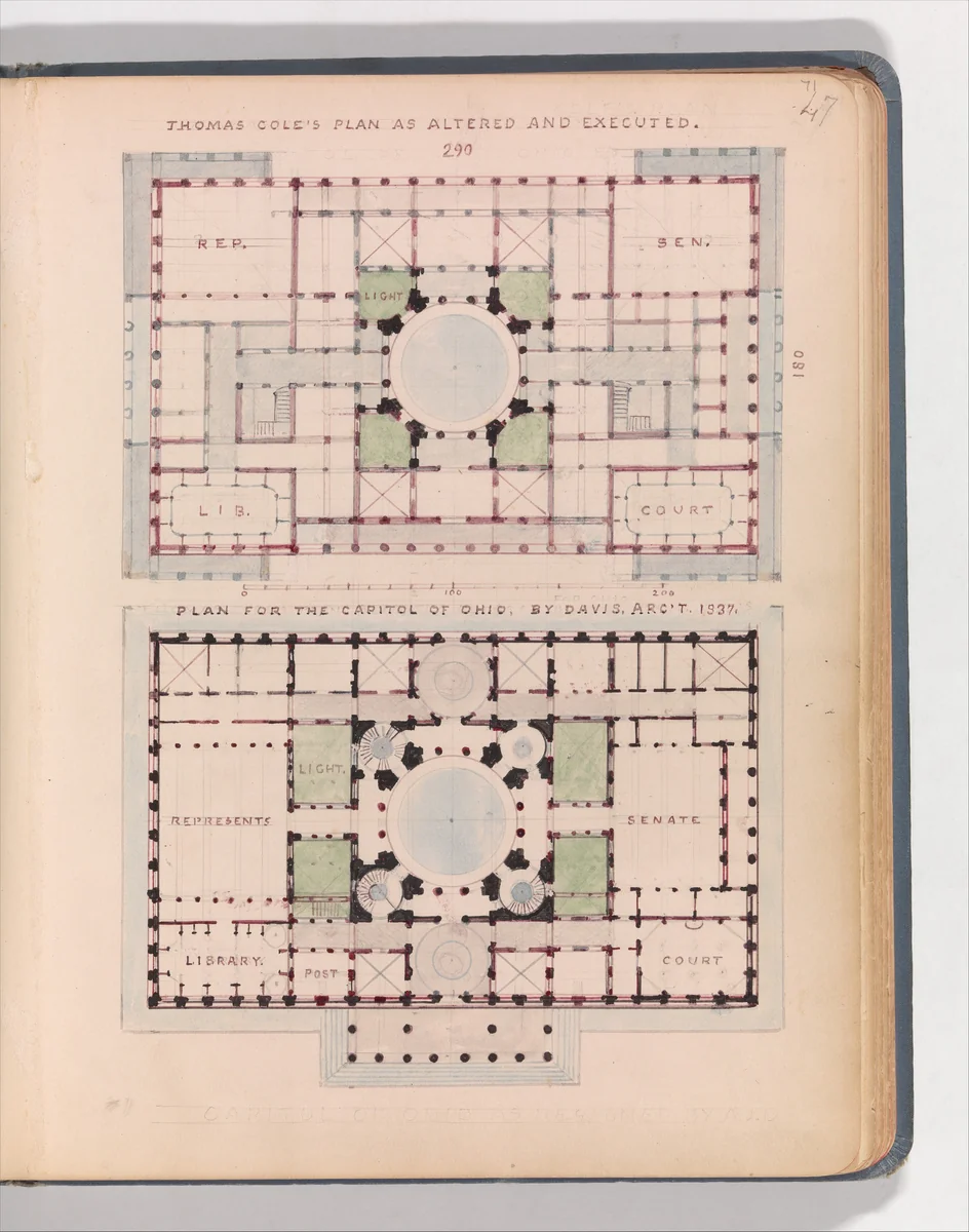 Thomas Cole's Plan as Altered and Executed; and Plan for the Capitol of Ohio, by Davis, Arc't 1837 by Alexander Jackson Davis, drawing, 1837