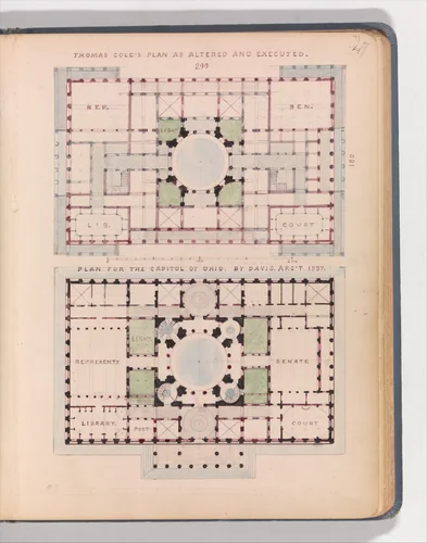Thomas Cole's Plan as Altered and Executed; and Plan for the Capitol of Ohio, by Davis, Arc't 1837 by Alexander Jackson Davis, drawing, 1837