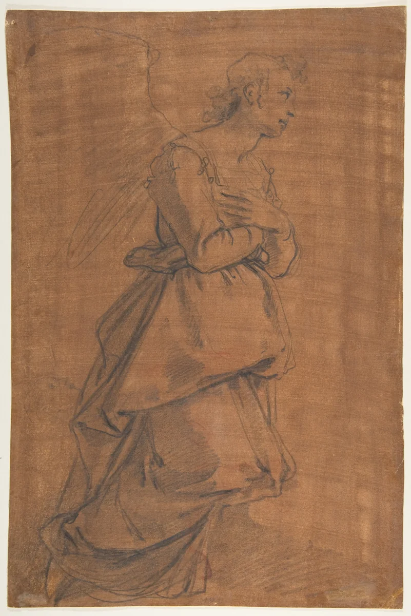 The Archangel Gabriel Kneeling to the Right; Small Study of Head at Lower Left. by Jacopo da Empoli, drawing, 1560-1700