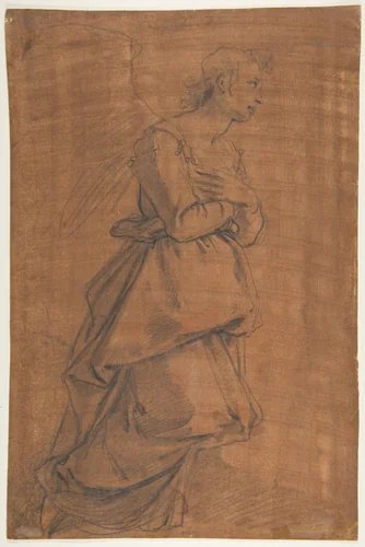 The Archangel Gabriel Kneeling to the Right; Small Study of Head at Lower Left. by Jacopo da Empoli, drawing, 1560-1700