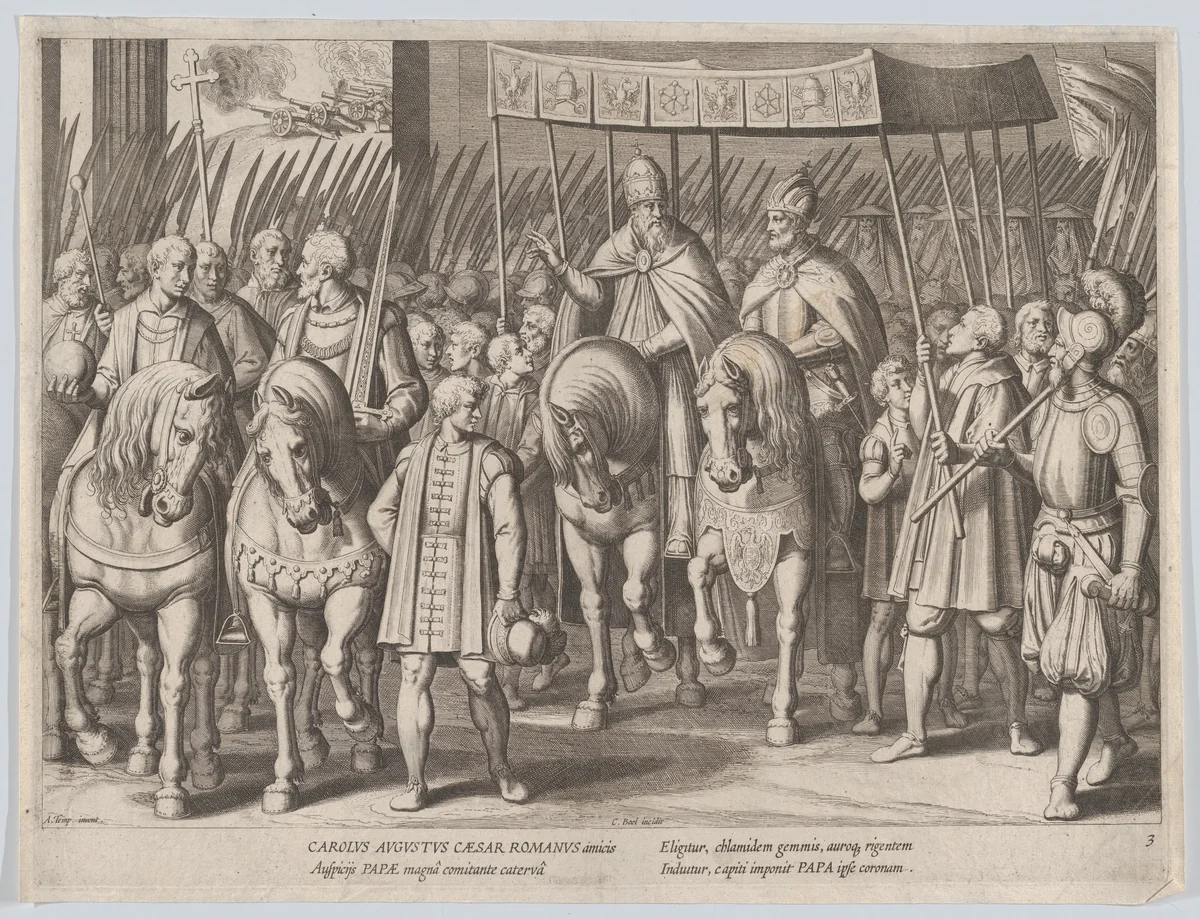 Plate 3: Charles V Crowned Emperor entering Rome with the Pope, from the Triumphs of Charles V by Cornelis Boel, print, 1614