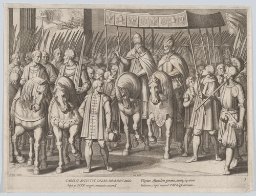 Plate 3: Charles V Crowned Emperor entering Rome with the Pope, from the Triumphs of Charles V by Cornelis Boel, print, 1614