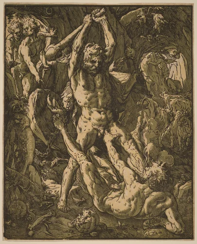 Hercules Killing Cacus by Hendrick Goltzius, print, 1588