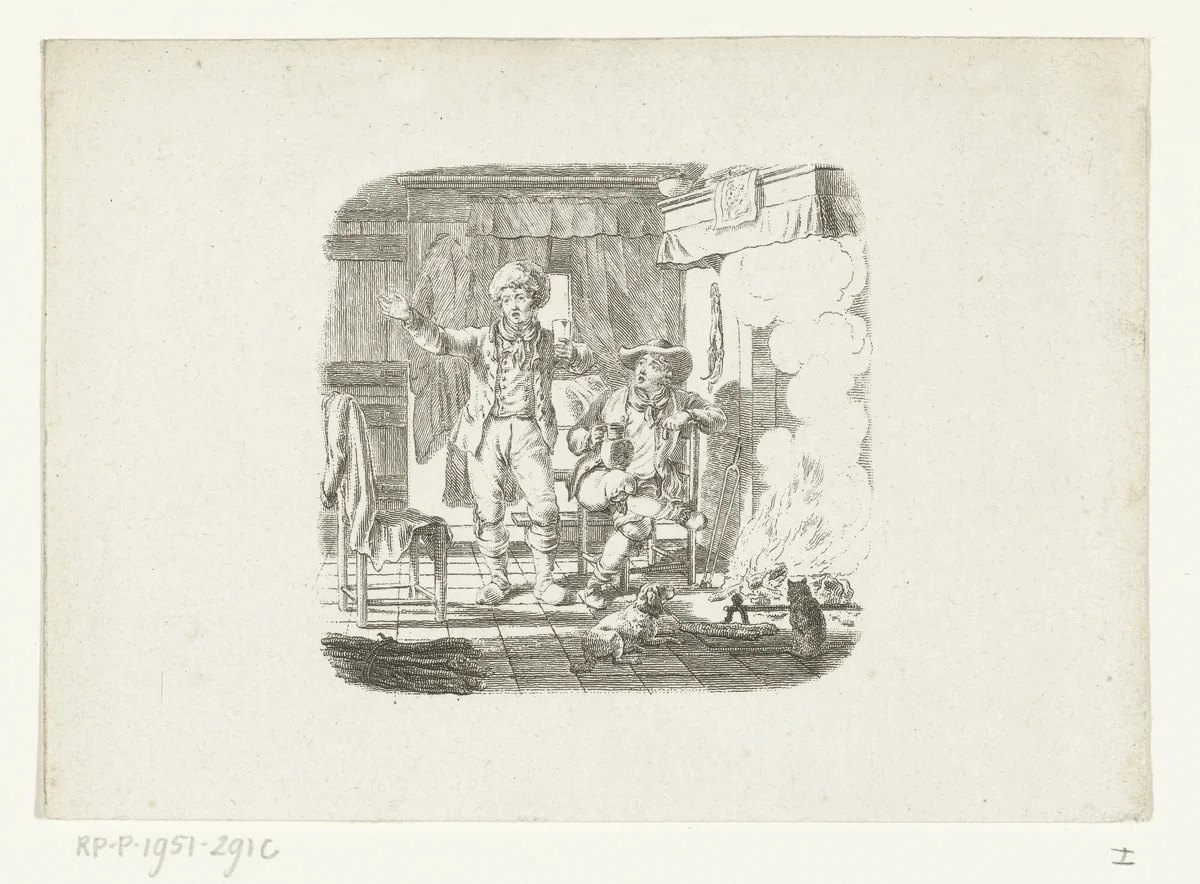 Twee mannen in gesprek bij haardvuur by Johannes Christiaan Bendorp, print, 1776-1849