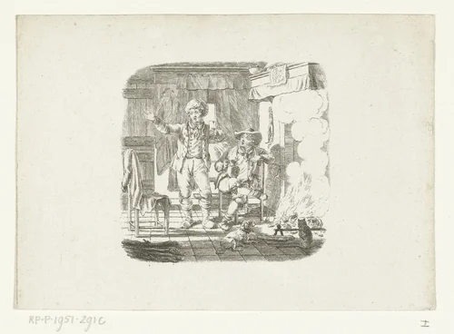 Twee mannen in gesprek bij haardvuur by Johannes Christiaan Bendorp, print, 1776-1849